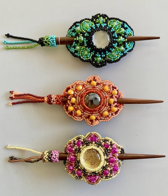 Beaded Stick Barrette Small Crystal Center Artisan Czech Glass